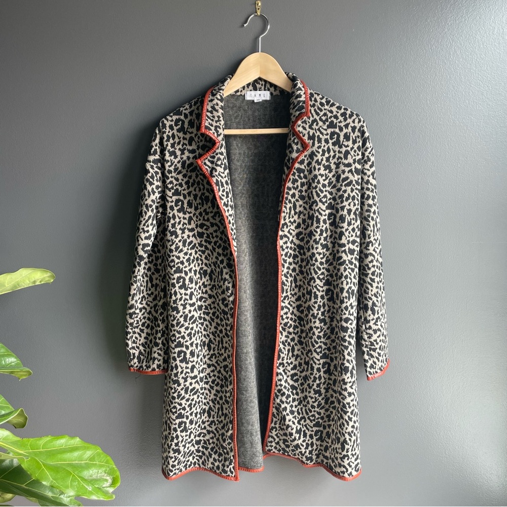 THML Leopard Animal Print Open Cardigan with Faux Leather